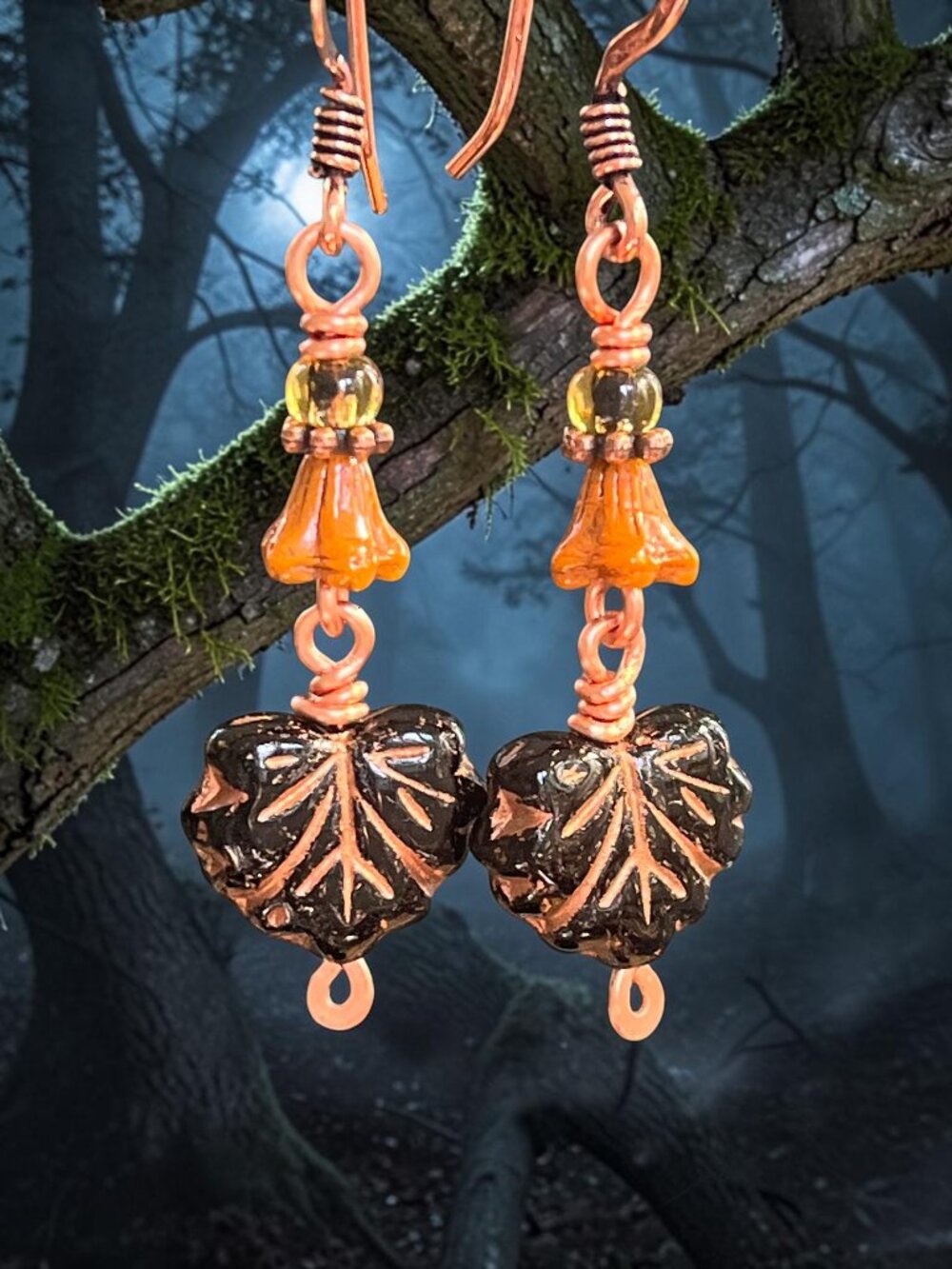 Leaf Dangle Earrings | Fall Earrings | Halloween | Black & Copper